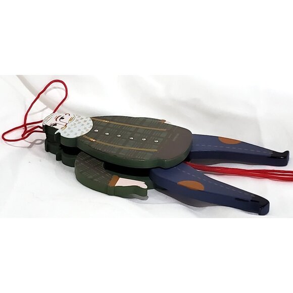 FARMER COWBOY SANTA wood pull string Christmas Ornament green plaid shirt jeans - Picture 8 of 9